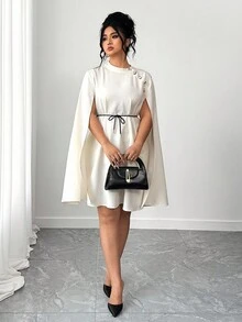 SHEIN Elenzya Plus Size Women Solid Color Stand Collar Poncho Style Hollow Out Elegant Dress - Apricot - View 7