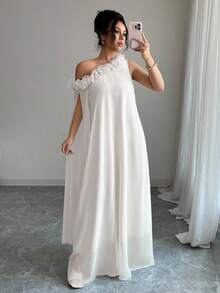 Elenzga Đầm dài vai chéo họa tiết hoa 3D thanh lịch dành cho nữ - trắng - Xem 4