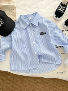 Genkimix Kids 女童长袖蓝白条纹字母印花宽松休闲衬衫，适合所有季节 - 藍色 - 查看 4