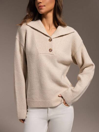 Hanevo Suéter de punto con diseño de botones de cuello azul marino de unicolor minimalista, nueva llegada de otoño/invierno