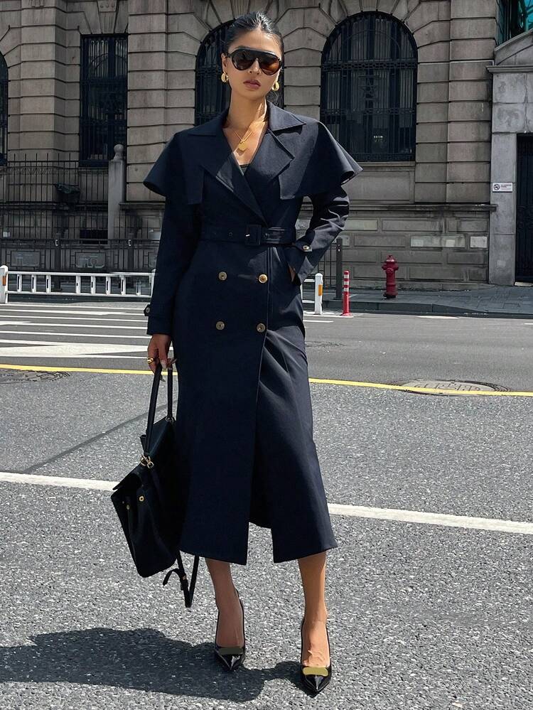 Women's Solid Color Double-Breasted Belted Midi Dress, Commuter Style