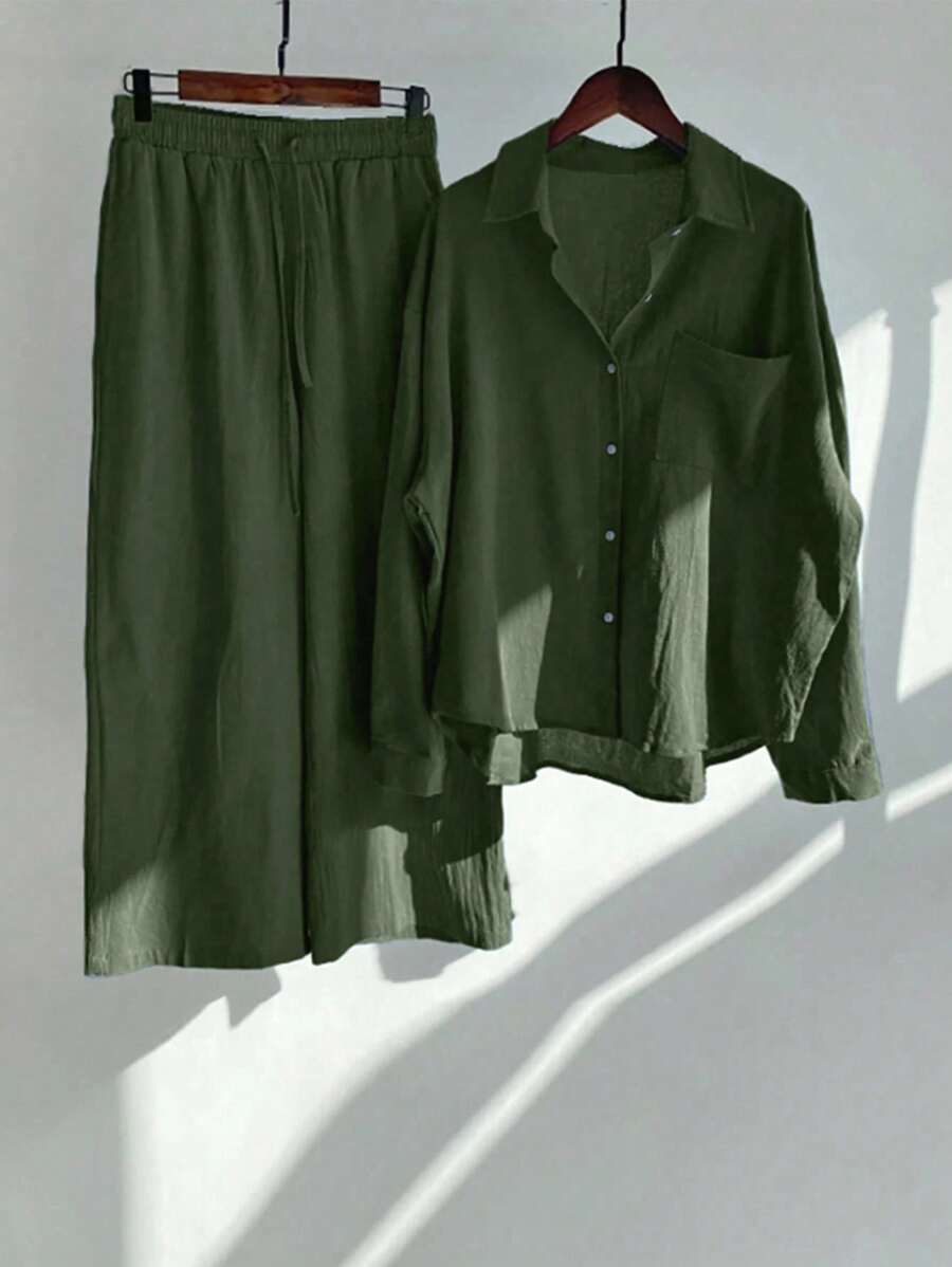 INAWLY 大码女式纯色长袖单排扣衬衫和阔腿裤休闲套装，秋季 - 軍綠色 - 查看 1
