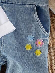 SHEIN Vintaside Kids 2 件装女婴 2025 春秋白色长袖 T 恤 + 牛仔背带裤休闲时尚服装，百搭 - 白色 - 查看 8