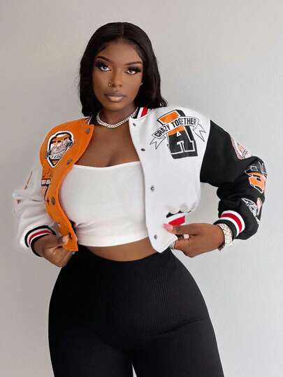 Slaydiva Colorblock Graphic Print Zip-Up Baseball Jacket Autumn Winter Clothes For Women