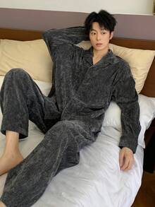 DAZY Men's Solid Color Corduroy Fabric Gray Shirt And Pants Loungewear Set, Autumn, Fall Clothes Pajama