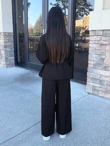 Firerie Kids Firerie Kids Tween Girl Elegant Casual Holiday Lapel Waist Tie Loose Shacket And High Waist Relaxed Pants, Suitable For Autumn And Summer Fall Winter - Black - View 2