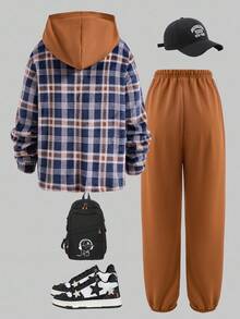 SHEIN 2pcs/Set Teenage Boy Plaid Long Sleeve Hoodie Jacket And Pants Casual Loose Outfit, Autumn/Winter Fall - Coffee Brown - View 2