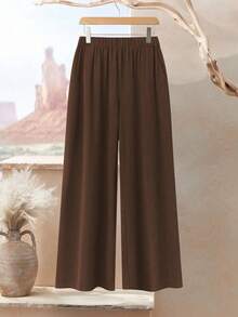 Lacomfia 女式复古棕色条纹数码印花图案休闲宽松圆领上衣和裤子两件套 - 彩色 - 查看 3