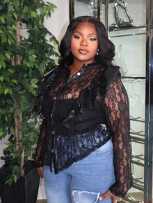 Hourglow Ceceforeign_ Spring And Summer Autumn And Winter Elegant Women's Black Lace Ruffled PU Patchwork Buttoned Cardigan Jacket, For Hourglass Body Shape