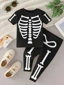 SHEIN Baby BoyGlow In The Dark Skeleton Pajamas Set - Halloween Costume Sleepwear For Kids, Snug Fit  Cozy PJs Baby Boy Baby Skeleton Outfit Baby Halloween Clothes Baby Spooky Clothes Skull Baby Clothes Baby Horror Outfits - Multicolor - View 2