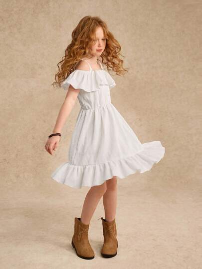 Tween Girl Cold Shoulder Ruffle Hem Dress Summer Holiday