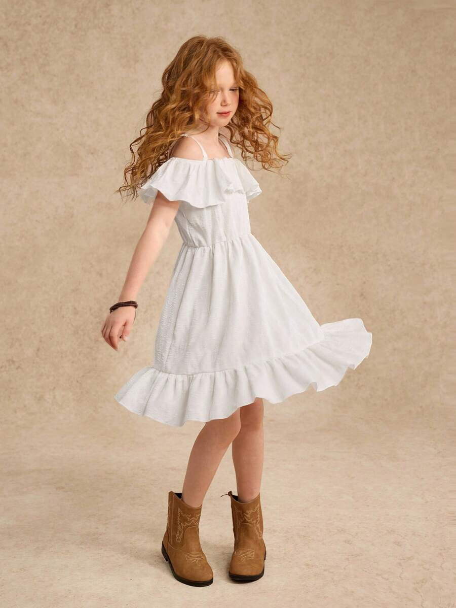 Tween Girl Cold Shoulder Ruffle Hem Dress Summer Holiday - White - View 1