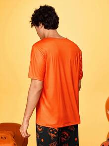 万圣节趣味印花南瓜图案休闲家居睡衣上衣男士 T 恤 - 橘色 - 查看 6