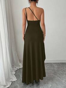 Chiquease 夏季新款性感黑色不对称领口褶皱露背镂空高开衩优雅长裙，适合度假、约会、派对