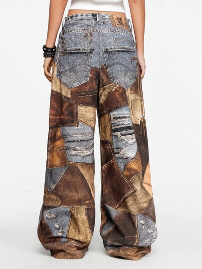Street Life Y2K Streetwear Punk Patchwork Print Loose Wide-Leg Jeans