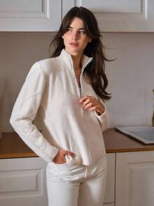 EURMUSE Damen einfarbige Strickjacke aus haarigem Garn mit Reißverschluss - Creme - Übersicht 5