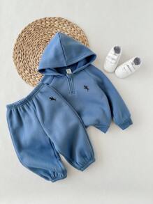 男婴休闲可爱百搭针织蓝色连帽衫和松紧腰裤套装