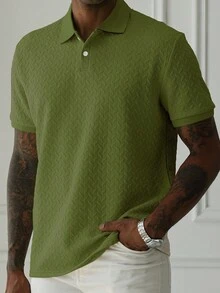 Manfinity Homme Áo thun polo tay ngắn họa tiết trơn màu thường ngày cho nam, mùa hè - xanh quân đội - Xem 2