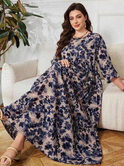 Lacomfia Plus Size Floral Print 3/4 Sleeve Loose Arabic Style Dress