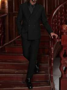 Calvornis Men's Double-Breasted Suit Set (Jacket And Pants) Men Black Suit Set Men Dinner Outfit Men Evening Wear - Black - View 4