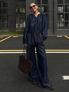 DAZY 秋冬新款宽松休闲复古风女装V领灯笼袖上衣和牛仔裤套装 - 藍色 - 查看 3