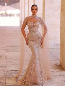Glamrae 优雅奢华串珠亮片花卉两件套美人鱼连衣裙，适合婚礼、派对、度假、庆典、正式场合（重度装饰） - 卡其色 - 查看 2