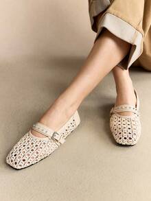 Rosivie 女士优雅镂空平底鞋，时尚舒适，法式方头优雅平底鞋 - 杏色 - 查看 6