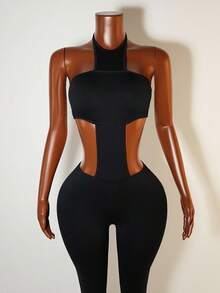 Mistrie Women's Sexy Backless Halter Neck Bodycon Jumpsuit, Summer - Black - View 6