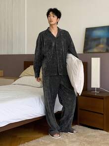 DAZY Men's Solid Color Corduroy Fabric Gray Shirt And Pants Loungewear Set, Autumn, Fall Clothes Pajama