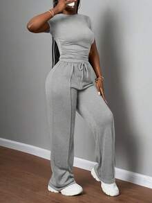 Slaydiva Bộ đồ nữ thường ngày màu trơn, cổ tròn, tay ngắn và quần ống đứng cạp chun, màu nâu, thích hợp cho mùa xuân hè, các lễ hội âm nhạc, lễ Phục Sinh, lễ Thánh Patrick. - Xám - Xem 5