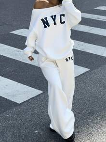 Muchica 2pcs NYC Print White Women Loose Fit Off-Shoulder Sweatshirt And Wide Leg Thermal Lined Sweatpants Set, Suitable For Autumn/Winter,Fall - White - View 3