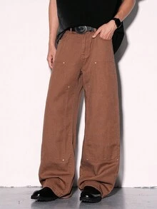 Manfinity Hypemode 大码男士纯色休闲牛仔裤 - 咖啡棕 - 查看 1