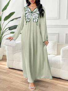 Yasmyna 女士优雅V领长袖亮片蝴蝶连衣裙 - 綠色 - 查看 6