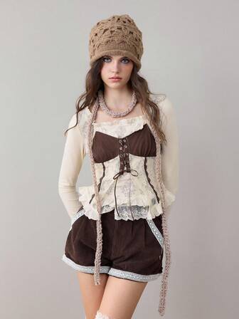 ROMWE Avant Camiseta de mujer con cuello en U, estilo retro Cottagecore, de 2 en 1 con parches de encaje y lazo