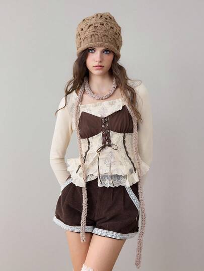 ROMWE Avant Women's Retro Cottagecore Style 2 In 1 Lace Patchwork Bowknot U-Neck T-Shirt