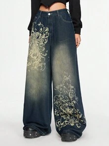 ROMWE Grunge Punk Relaxed Fit Grunge Vintage Oversized Cross & Vine Print Women Low Waist Jeans