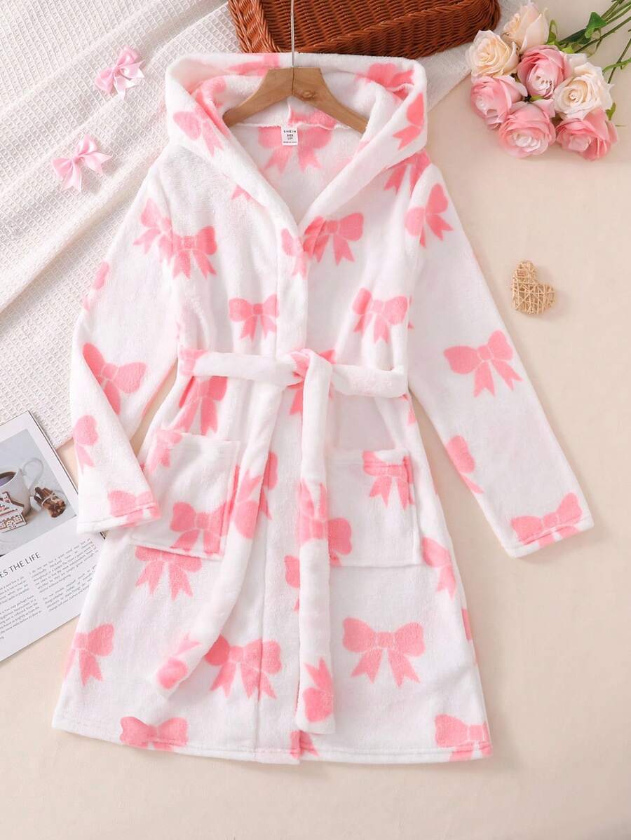 Girls' White Strawberry Print Long Sleeve Hooded Long Robe Sleepwear Toddler Robe Girl Robe With Pink Bows Fall Winter - Multicolor - View 1