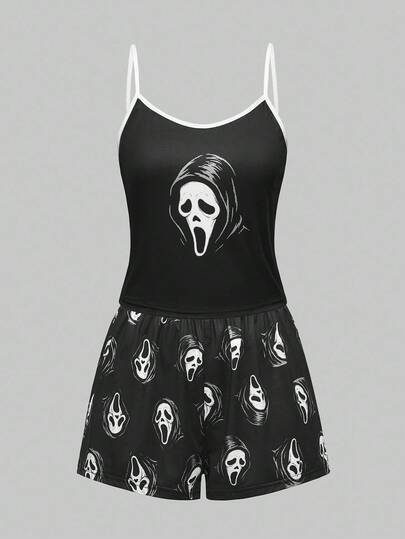 Goth Women's Gothic Imp Pattern Contrast Color Strap Camisole & Shorts Casual Pajama Set