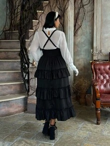 Flirla 大码女式万圣节纯色腰带设计荷叶边下摆休闲连身裤连衣裙 - 黑色 - 查看 2