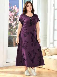 SHEIN Lacomfia Đầm dài tay ngắn dáng rộng thoải mái mùa hè cho nữ cỡ lớn - Màu tím - Xem 3