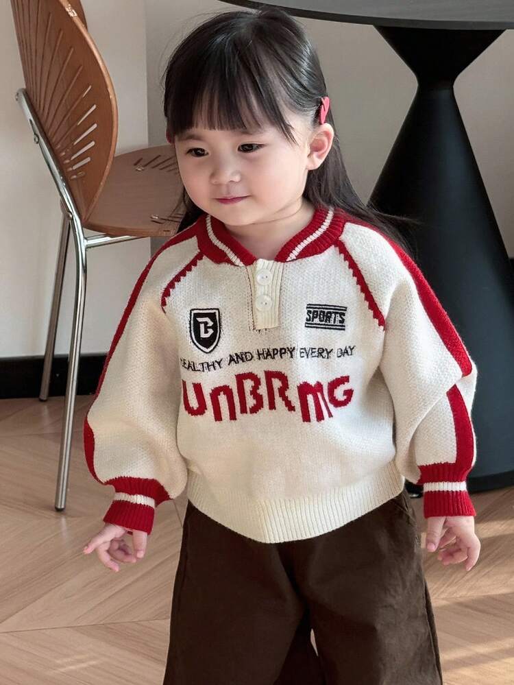 Baby Girl Contrast Color Crew Neck Casual Long Sleeve Sweater, Autumn/Winter Toddler Girls Clothes