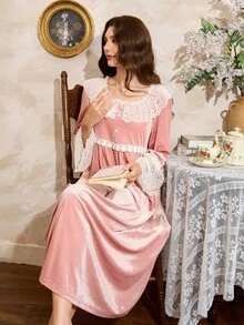 Côtesoire 女士优雅法式撞色蕾丝荷叶边睡裙家居服，秋冬款 - 粉色 - 查看 7
