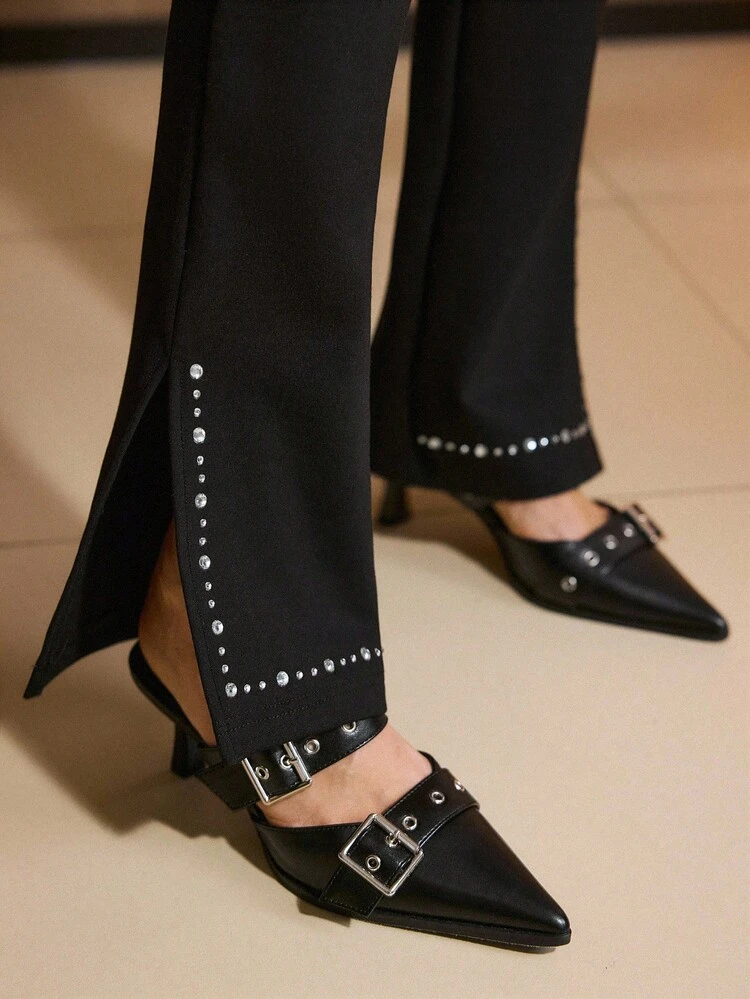 RHINESTONE EMBELLISHED SPLIT STRAIGHT LEG PANTS