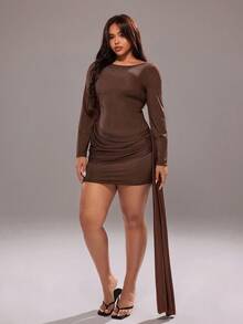 Rustia Plus Size Women's Solid Color Round Neck Long Sleeve Ruched Patchwork Tie Waist Elegant Dress Fall Cloth For Women - Brown - View 3
