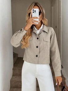 Easowa 女士休闲宽松翻领单排扣夹克，带口袋，双色花卉图案，适合秋冬通勤休闲 - 卡其色 - 查看 3