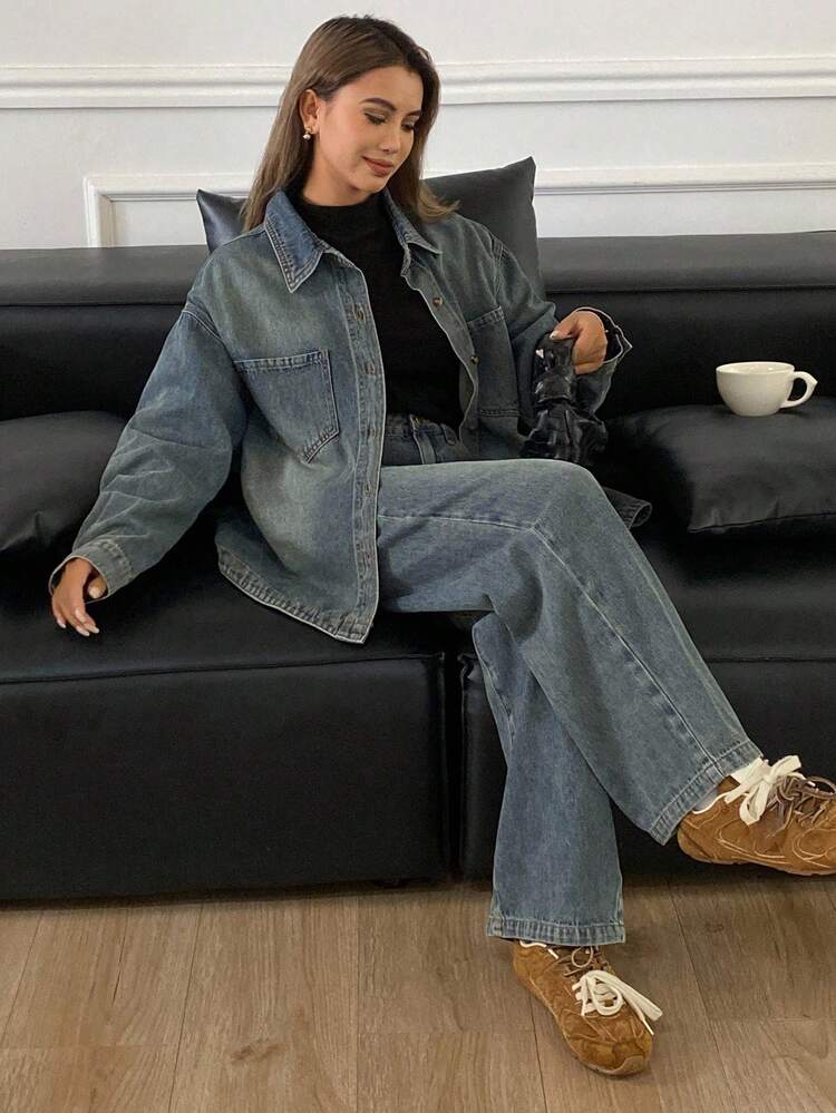 Autumn/Winter New Loose Casual Distressed Washed Women Denim Set