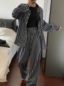 DAZY Autumn/Winter New Loose Casual Striped Relaxed Style Women 2 Pieces Set Lounge Sets For Women - Navy Blue - View 5