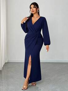 Elenzga Đầm maxi xẻ tà cổ chữ V tay dài thanh lịch cỡ lớn dành cho nữ, thích hợp cho tiệc tùng, tiệc cưới, mùa xuân/thu/đông - Màu xanh hải quân - Xem 2