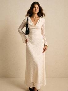 Poéselle 女士优雅通勤纯色提花垂坠领喇叭袖连衣裙 - 杏色 - 查看 4