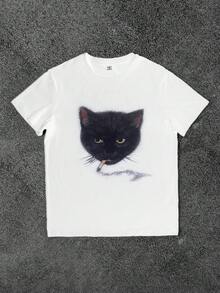 Manfinity Dauomo 男士复古风格白色 T 恤，配吸烟猫图案，Y2K 复古 T 恤，猫 T 恤，时尚街头服饰图案 T 恤 - 白色 - 查看 4